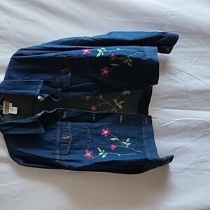 Coldwater Creek denim jacket with floral stitching. Size L